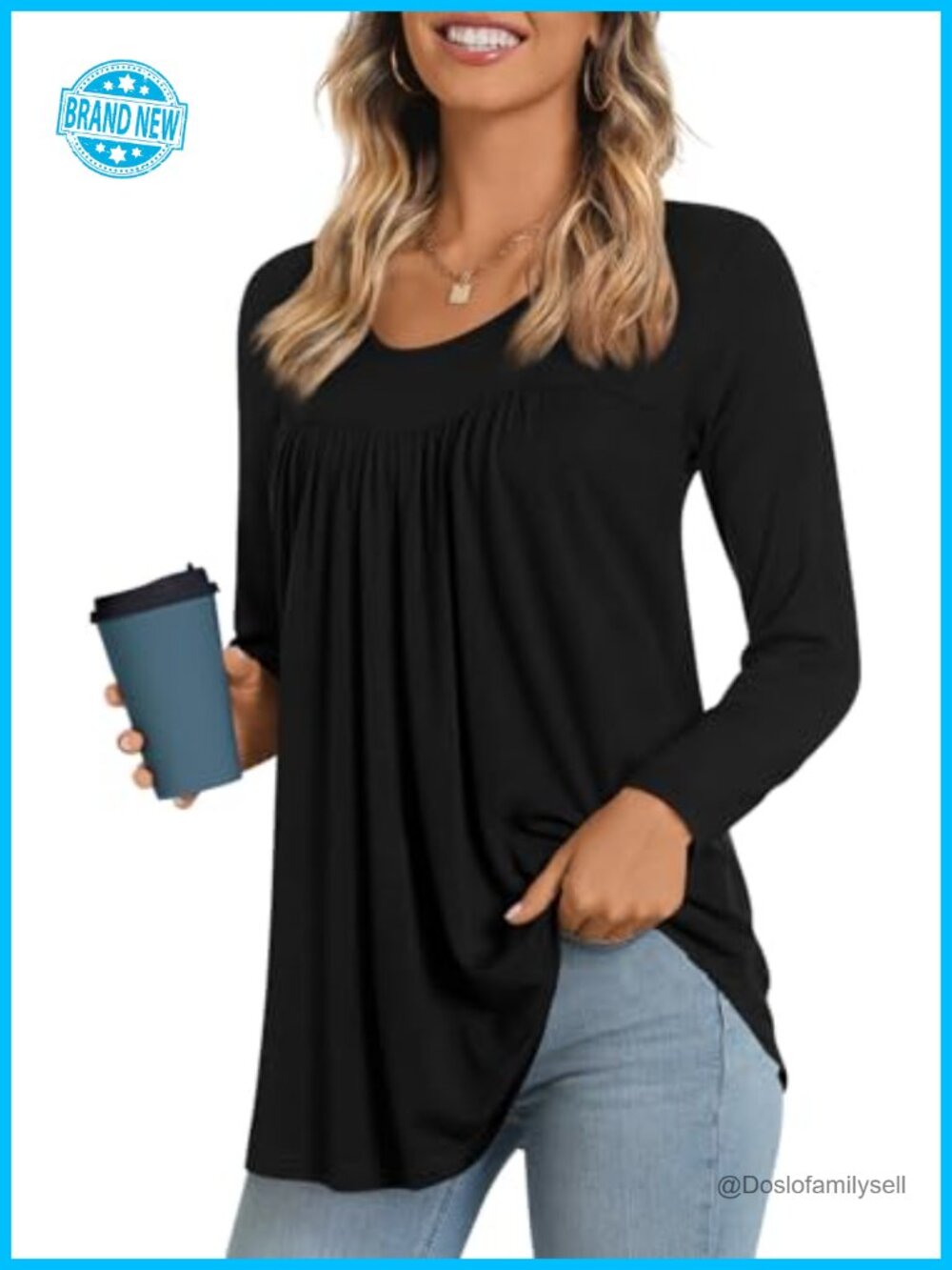 Women's Long Sleeve Tunic Top Pleated Flare Blouse Casual Loose Fit
